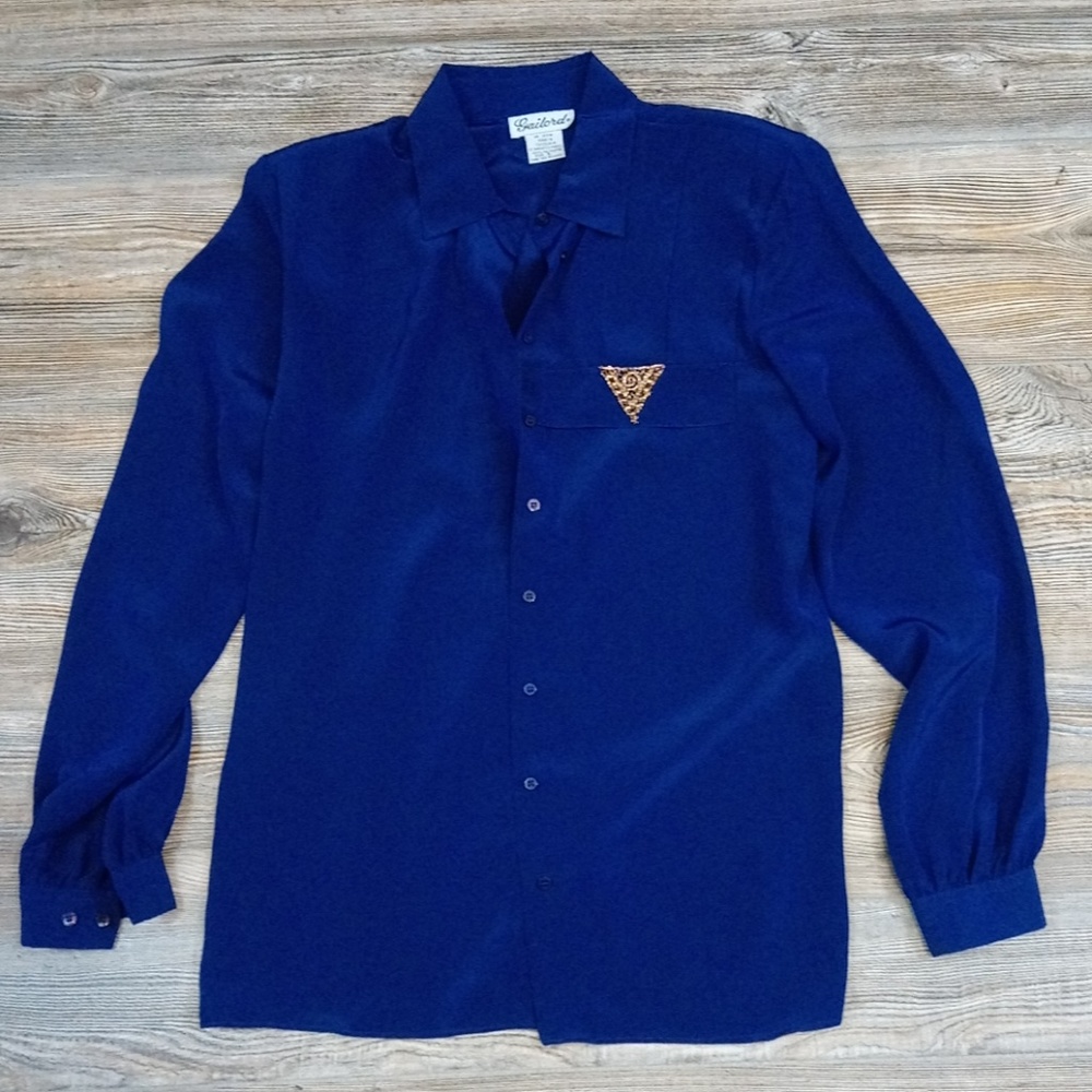 Vintage Gailord Blue Silky Button Down Blouse Top
